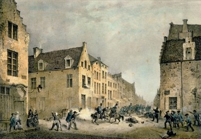 Ablenkung einer niederländischen Division an der Porte de Flandre, Brüssel, 23. September 1830, graviert von Jean Baptiste Madou (1796-1877) von Gustave Adolphe Simoneau